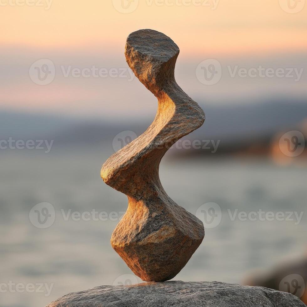 Unique stone sculpture balances on rock near ocean at sunset photo