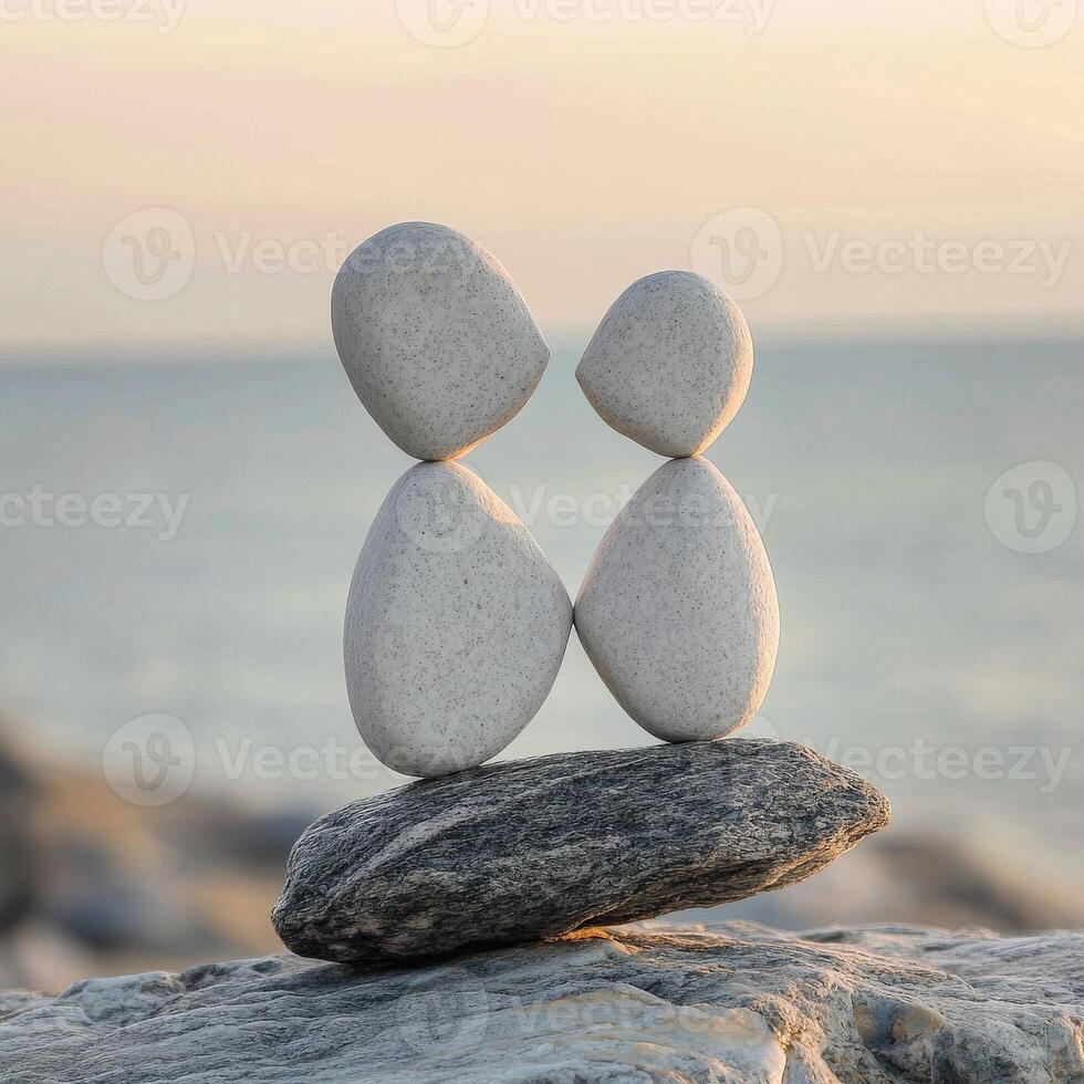 Stone figures balanced on rocks by the water during sunset photo