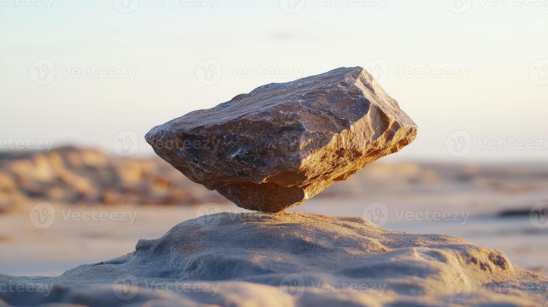 suspendido rock saldos en arenoso superficie a puesta de sol en un playa foto