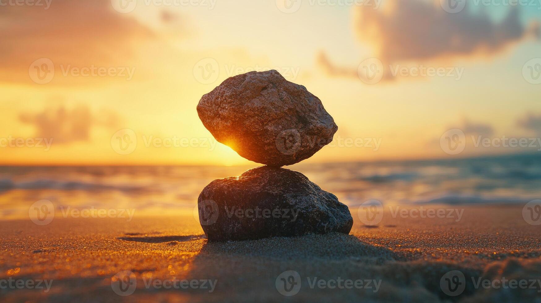 Balanced rocks during sunset on a tranquil beach in a serene landscape photo