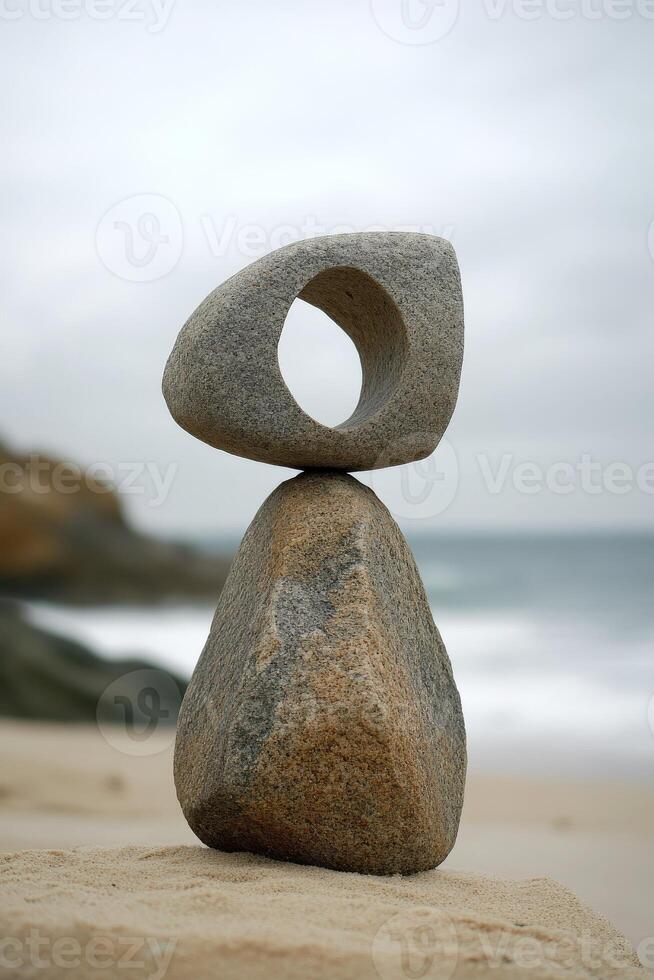 Unique stone sculpture on the beach by the calm ocean water at dusk photo
