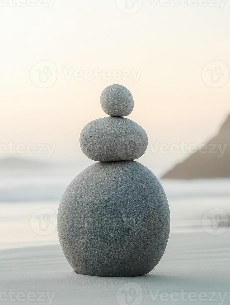 Balanced stones create a serene focal point on tranquil beach at sunset photo