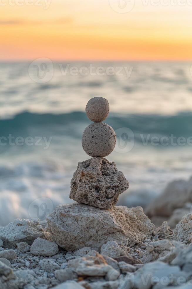 Balancing stones create a serene sculpture at sunset by the ocean photo