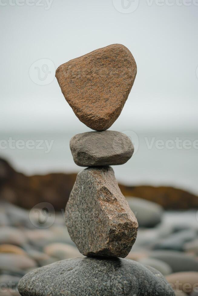 Balanced stones stacked on a rocky shore near the water's edge photo