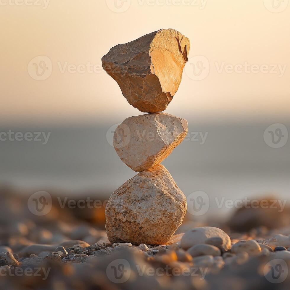 Natural balance of stones stacked on a beach during sunset photo