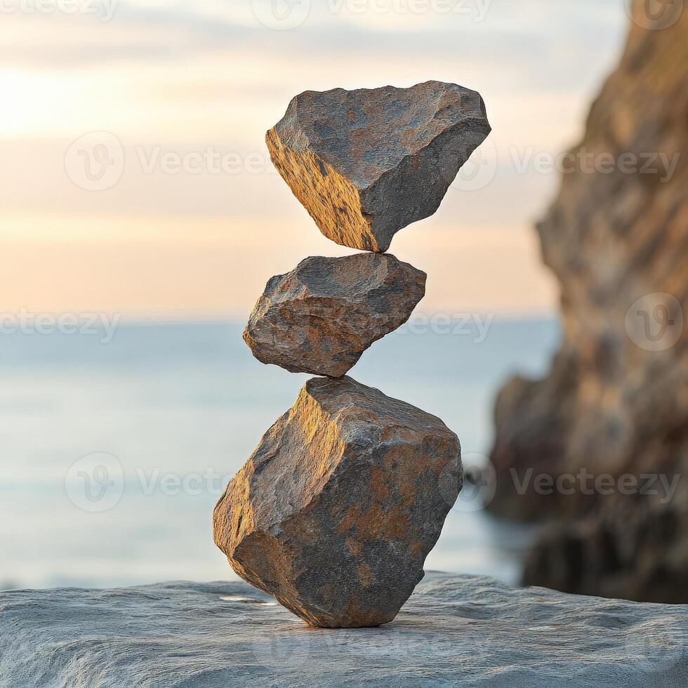 Balancing rocks at sunset by the shore creates serene natural art photo