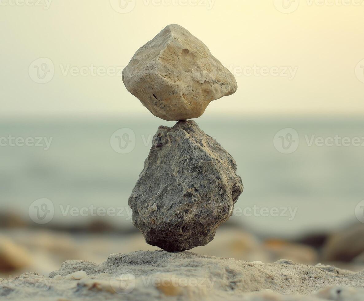 Rock balancing at sunset by the shoreline creates a serene atmosphere photo