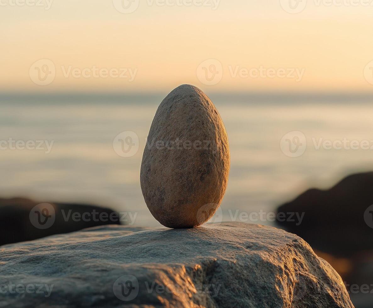 Natural stone egg balanced on a rock by the ocean at sunset photo