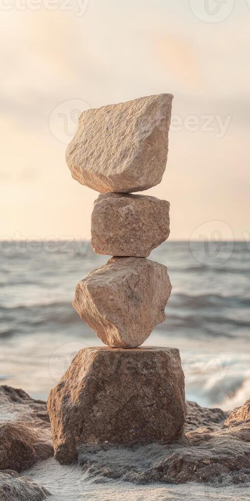 Balancing stones at the beach during sunset creates a peaceful atmosphere photo