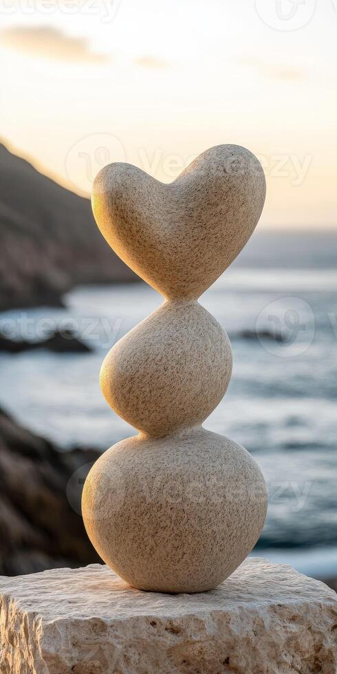Balancing stone sculpture with heart shape by the ocean at sunset photo