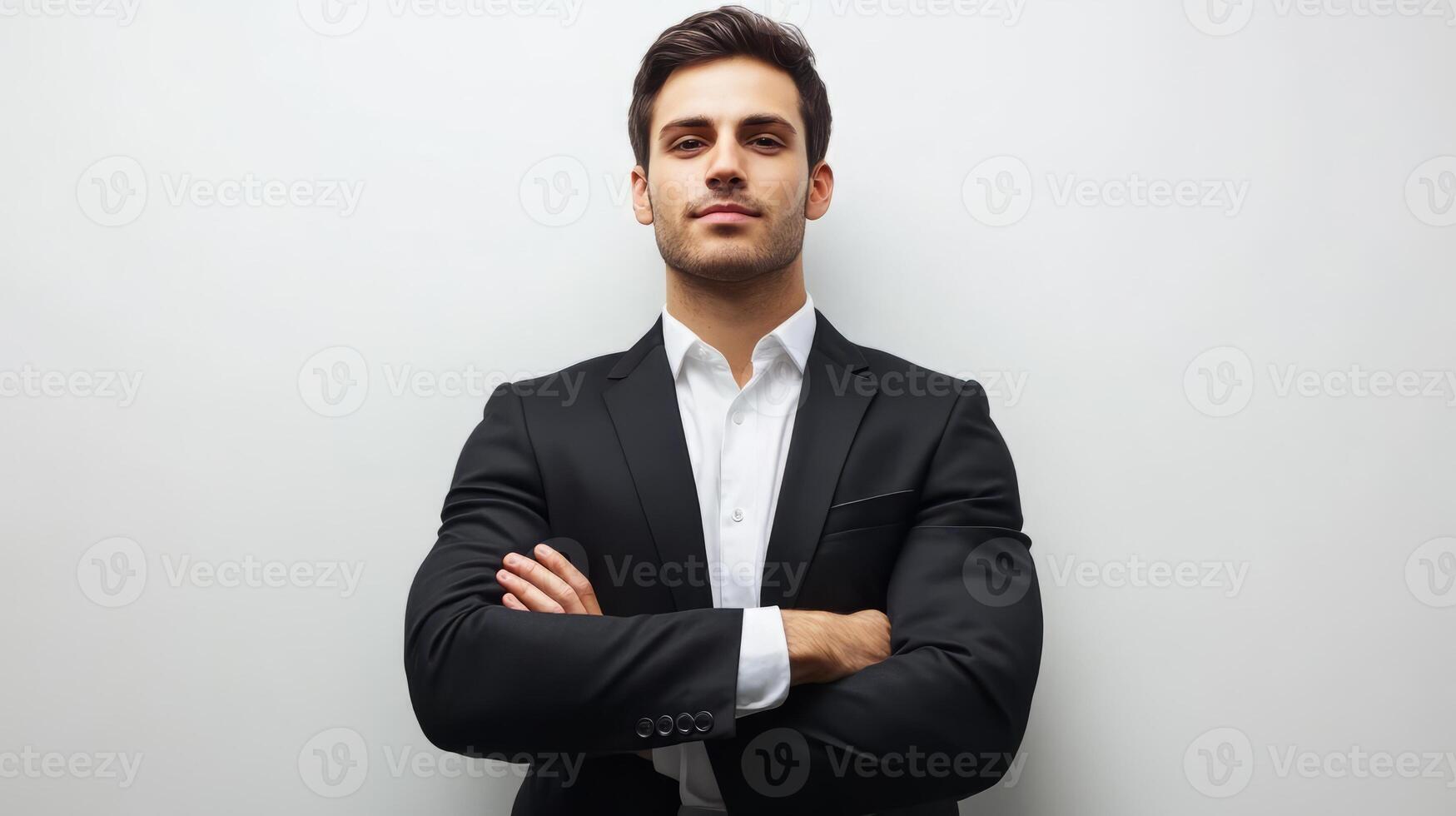 Confident professional businessman in formal attire standing with arms crossed photo