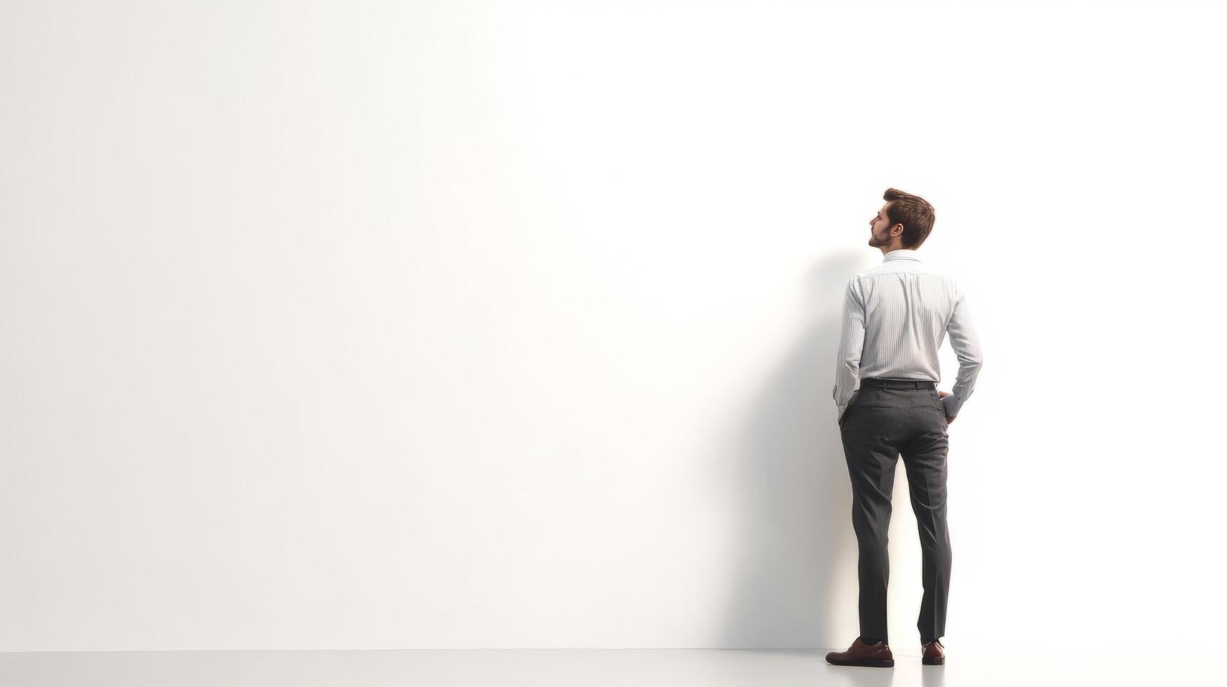 Thoughtful Man Standing Alone Against White Wall in Minimalist Interior photo