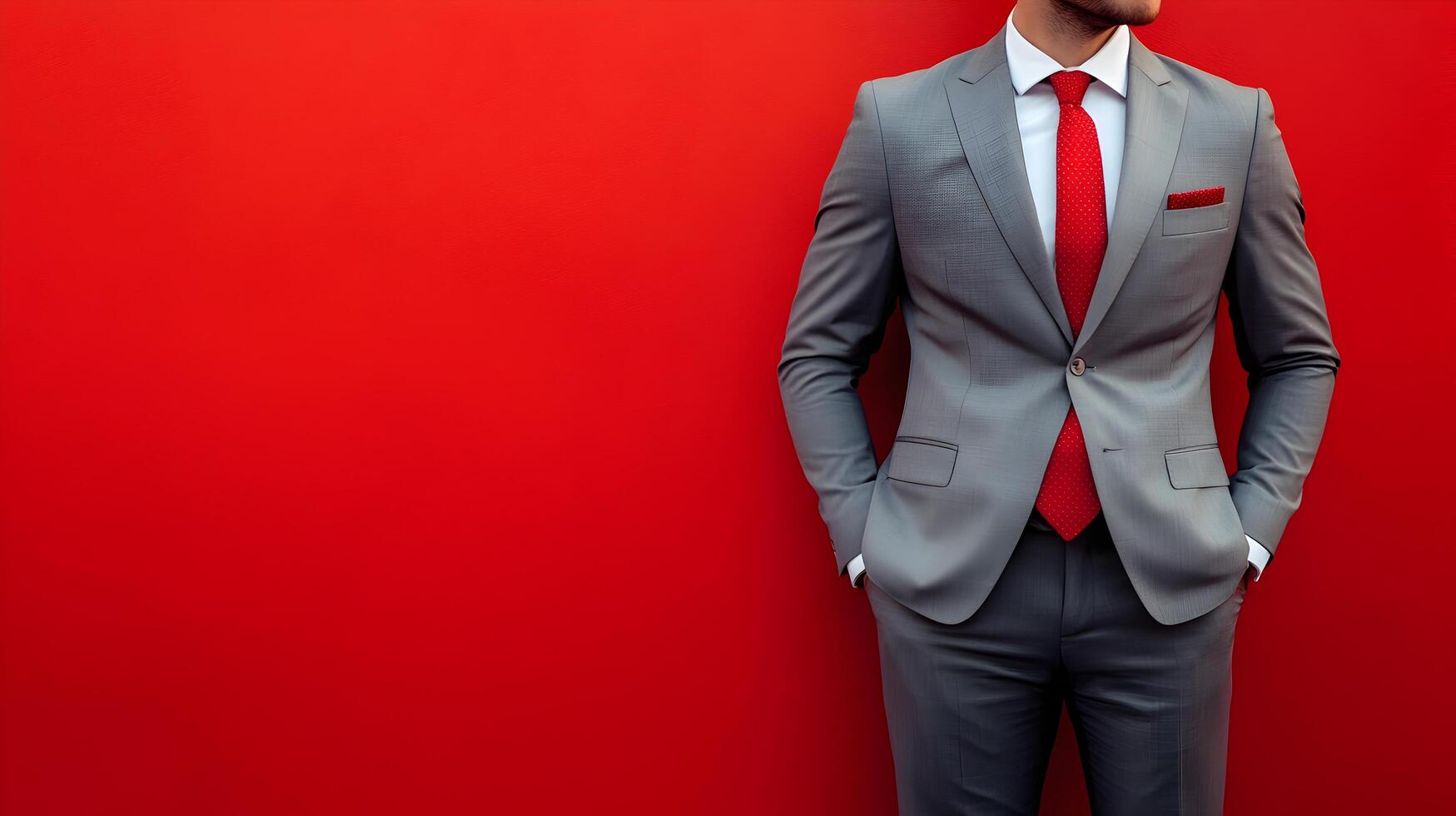 Well-Dressed Businessman Stands Confidently in Formal Suit Against Striking Red Background photo