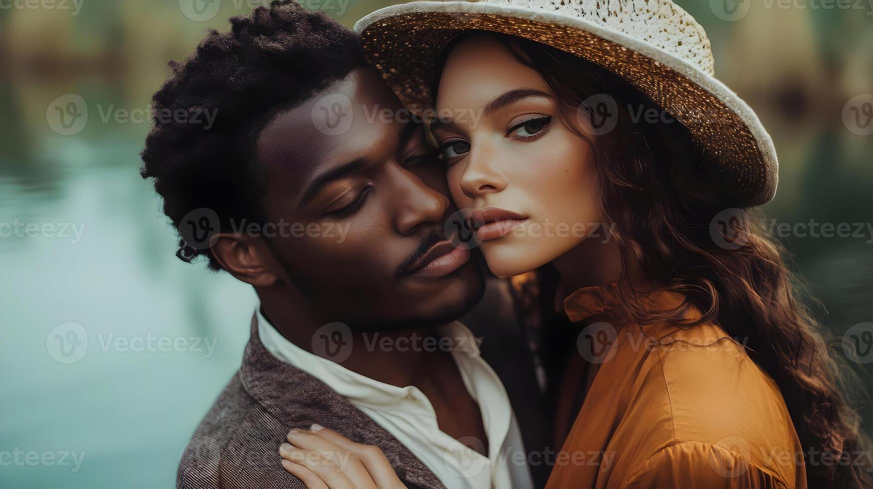 Loving couple embracing tenderly in serene natural outdoor setting. Intimate moment of romance,affection,and connection between two people in harmony with their surroundings. photo
