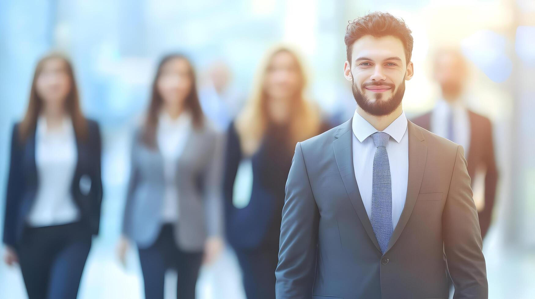 Group of confident business professionals in formal suits and ties working together as a team in a corporate office setting,demonstrating and career success. photo