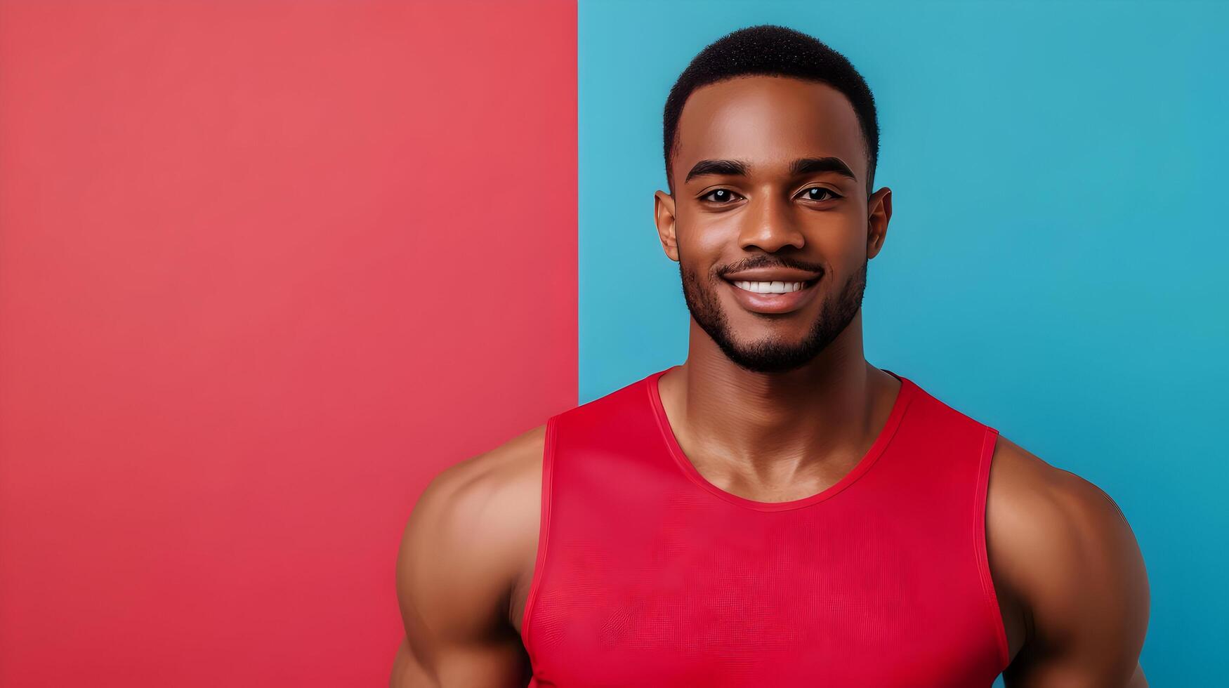 Confident and charismatic African American man in his 30s wearing a red tank top and smiling warmly against a vibrant blue and red background,conveying a sense of energy,positivity. photo
