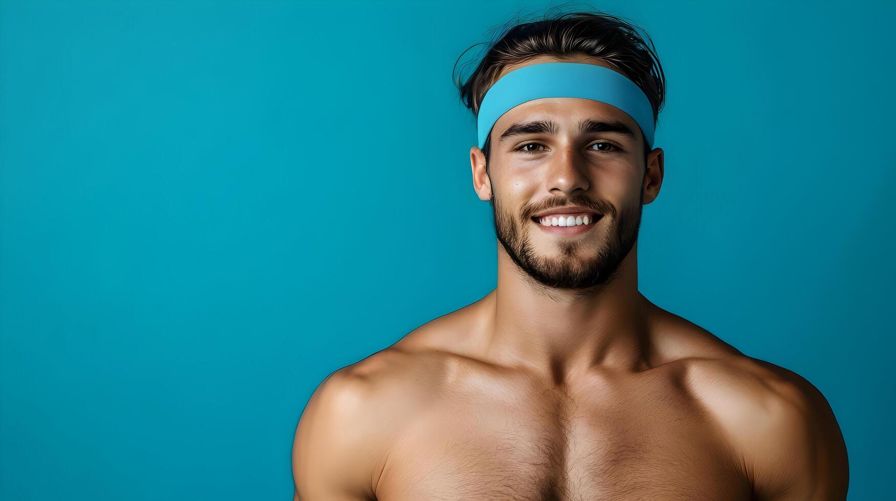 A fit and confident young man in sportswear stands against a vibrant blue background,showcasing his muscular physique with a warm,genuine smile. This image exudes a sense of health,strength. photo