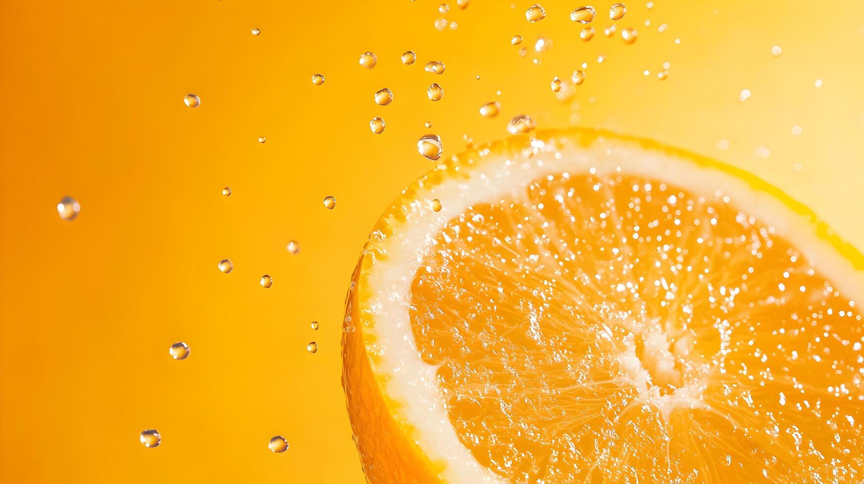 Juicy Citrus Fruit Slice with Vibrant Orange Splash and Bubbles photo