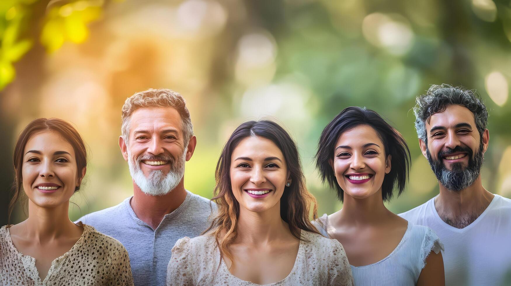 A group of diverse adults - caucasian,hispanic,and other ethnicities - standing together and smiling happily in a lush green park or meadow setting,conveying a sense of joy,friendship. photo