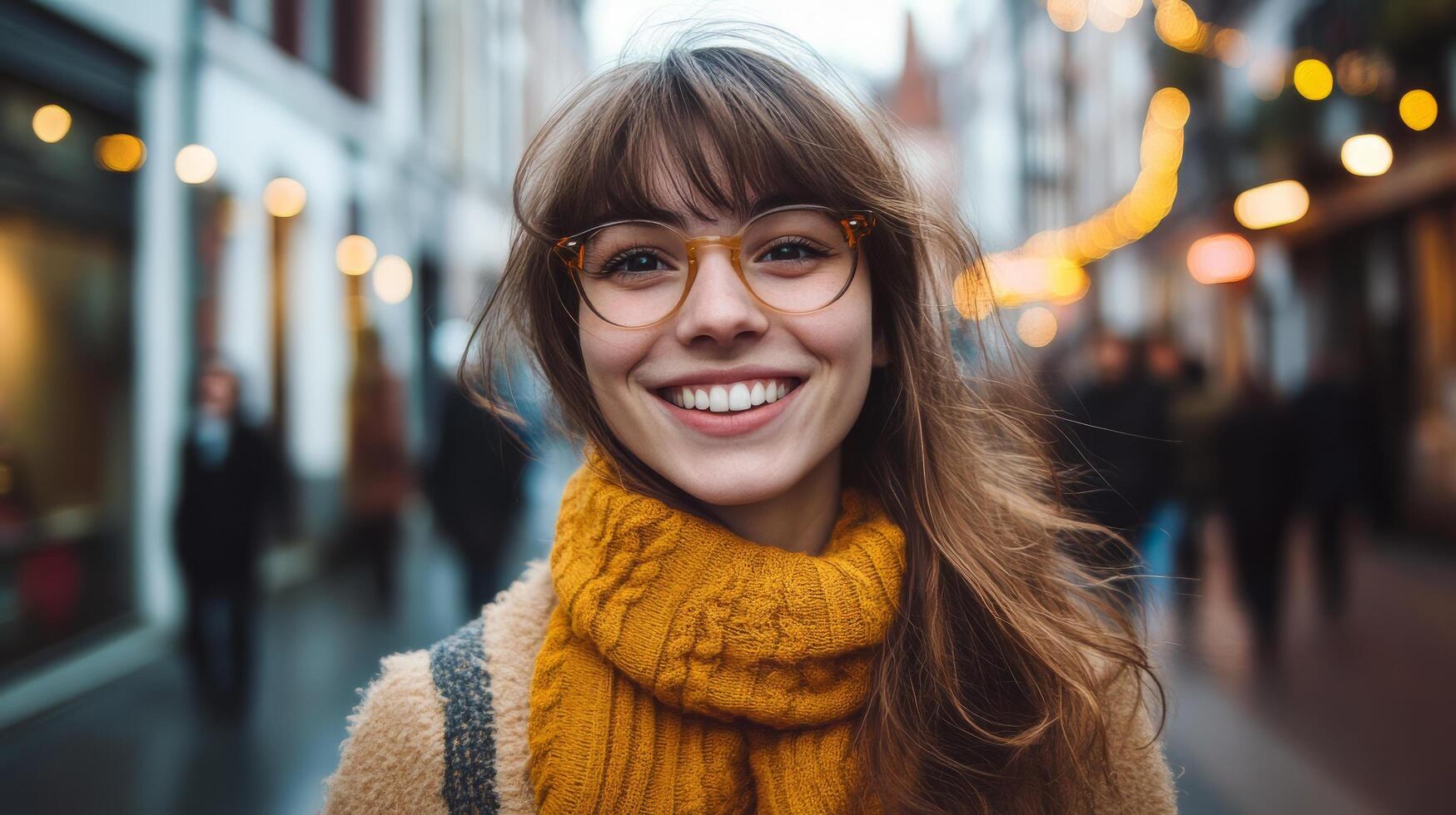 Smiling Young Woman in Winter Attire on City Street photo