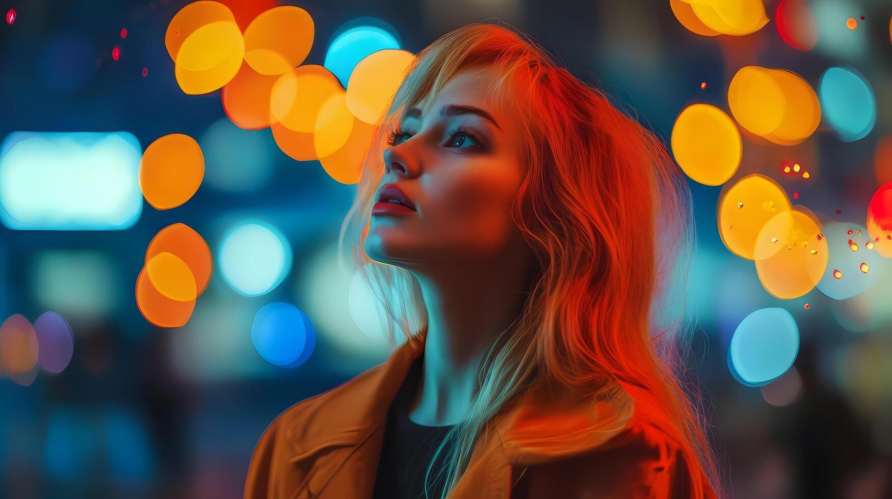 Captivating close-up portrait of a beautiful blonde woman with glowing skin and alluring gaze,framed by a vibrant neon-lit city atmosphere with a dreamlike,enchanting mood. photo