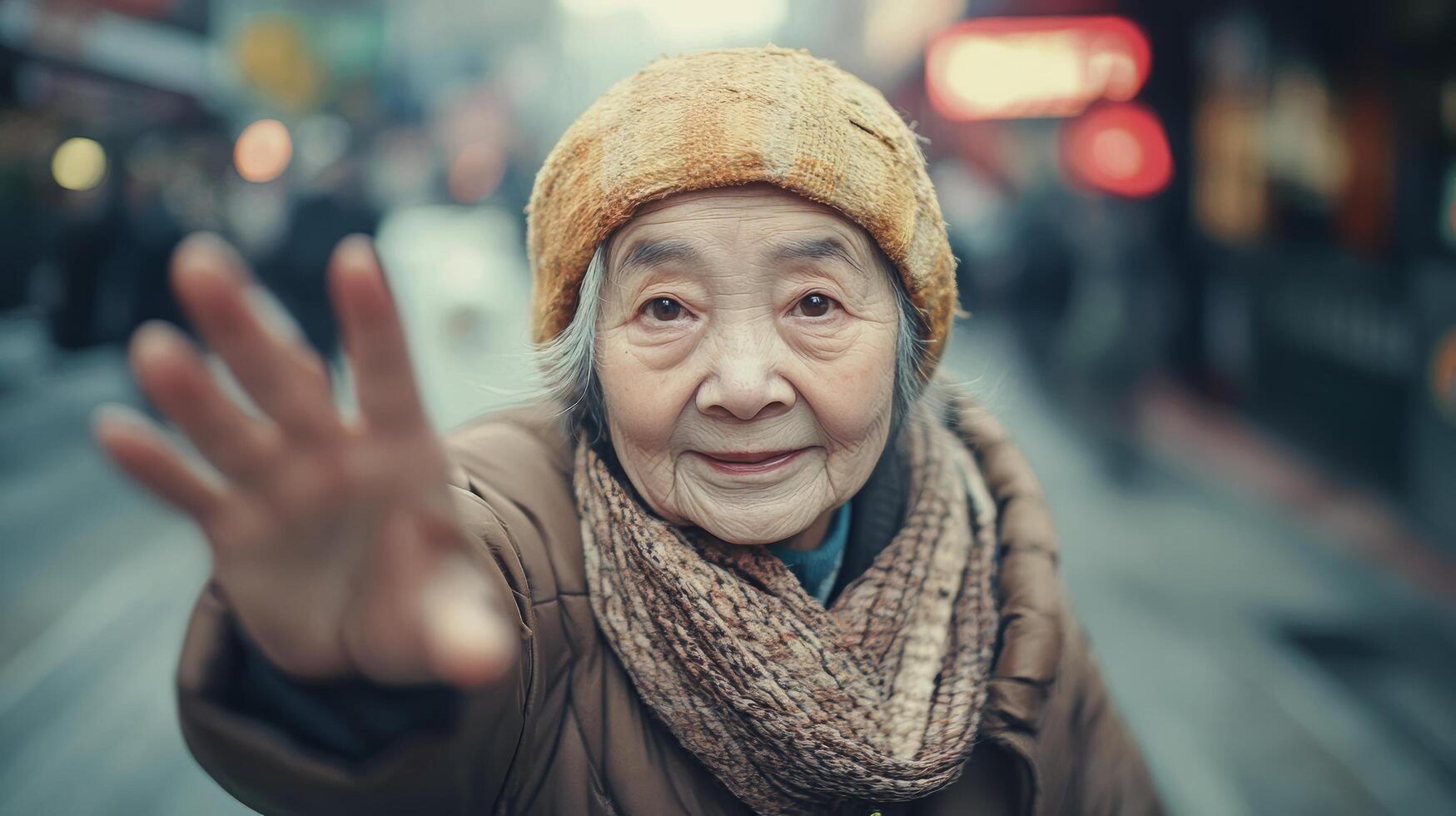 Cheerful Asian Elderly Woman Walking in City Street on Winter Day photo