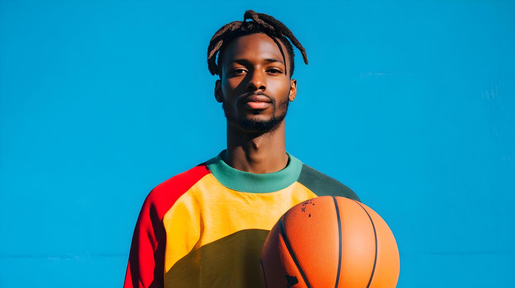 Dynamic and Energetic Young African Basketball Player in Jump Action Dribbling the Ball on the Basketball Court with Hoop and Equipment photo