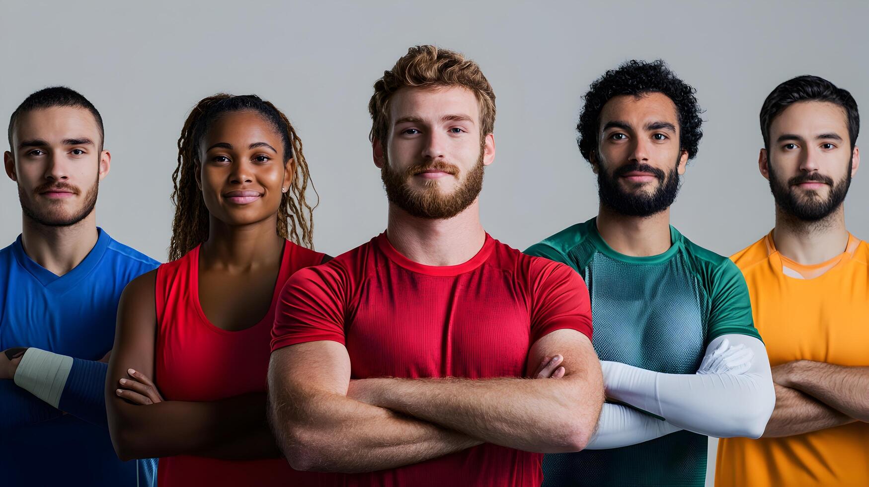 Portrait of a diverse group of athletic individuals standing together with confidence,unity,and a shared sense of purpose. The team represents the power of the of diversity in the world of sports. photo