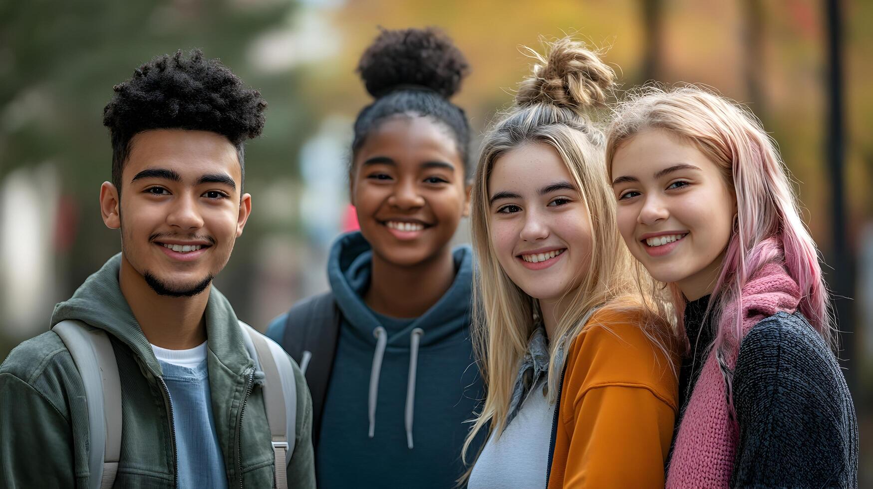Diverse group of young students smiling and laughing together while spending time outdoors on a university or college campus. Concept of education,learning,friendship,and community. photo