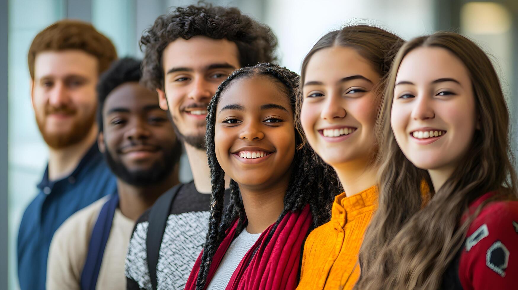 Portrait of a Diverse Group of Enthusiastic and Smiling Students Collaborating and Enjoying their Time Together on a College or University Campus photo