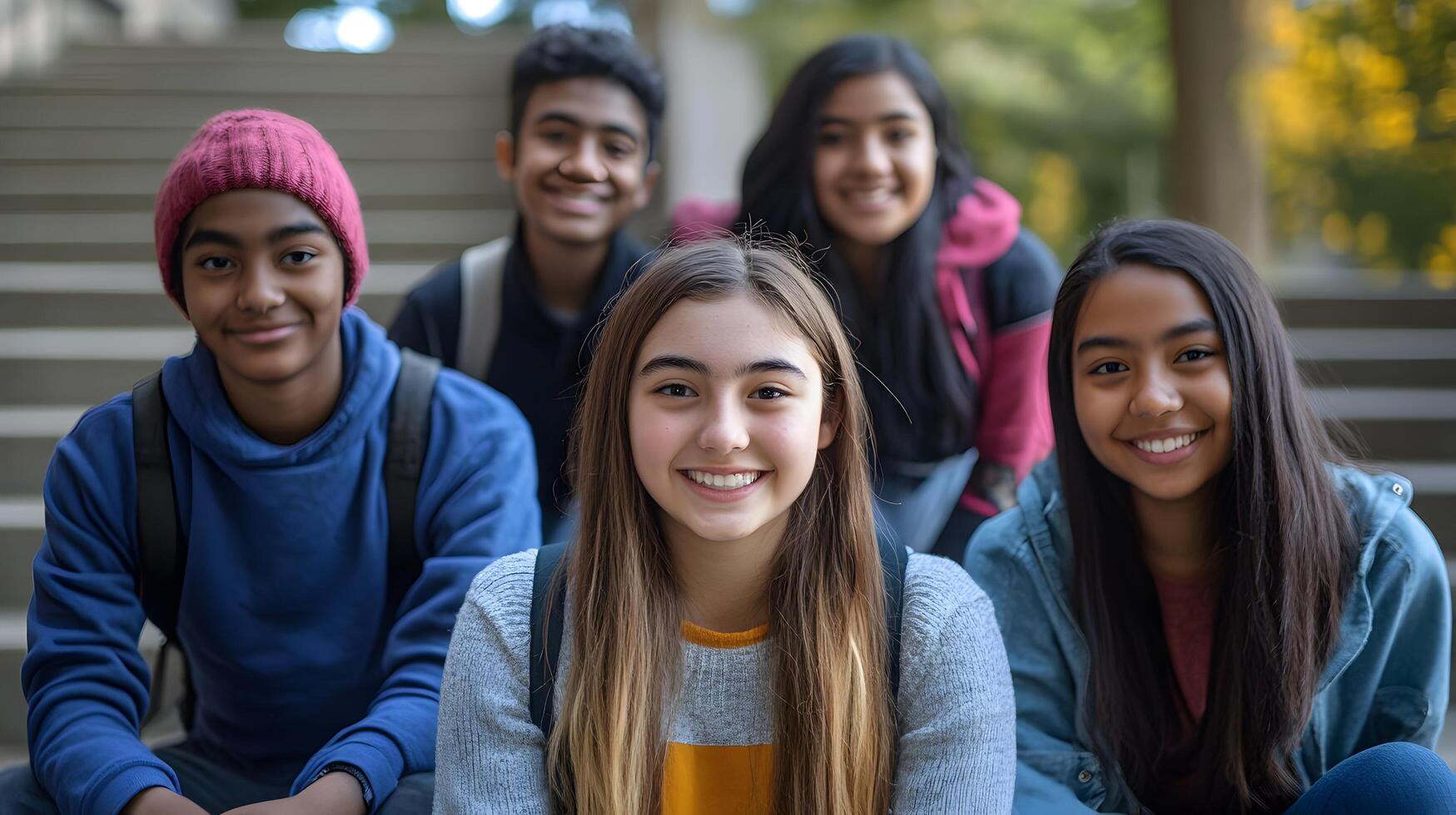 Group Portrait of Diverse and Friendly Teenage Students Posing Outdoors on a University Campus,Showing a Positive and Inclusive School Community photo