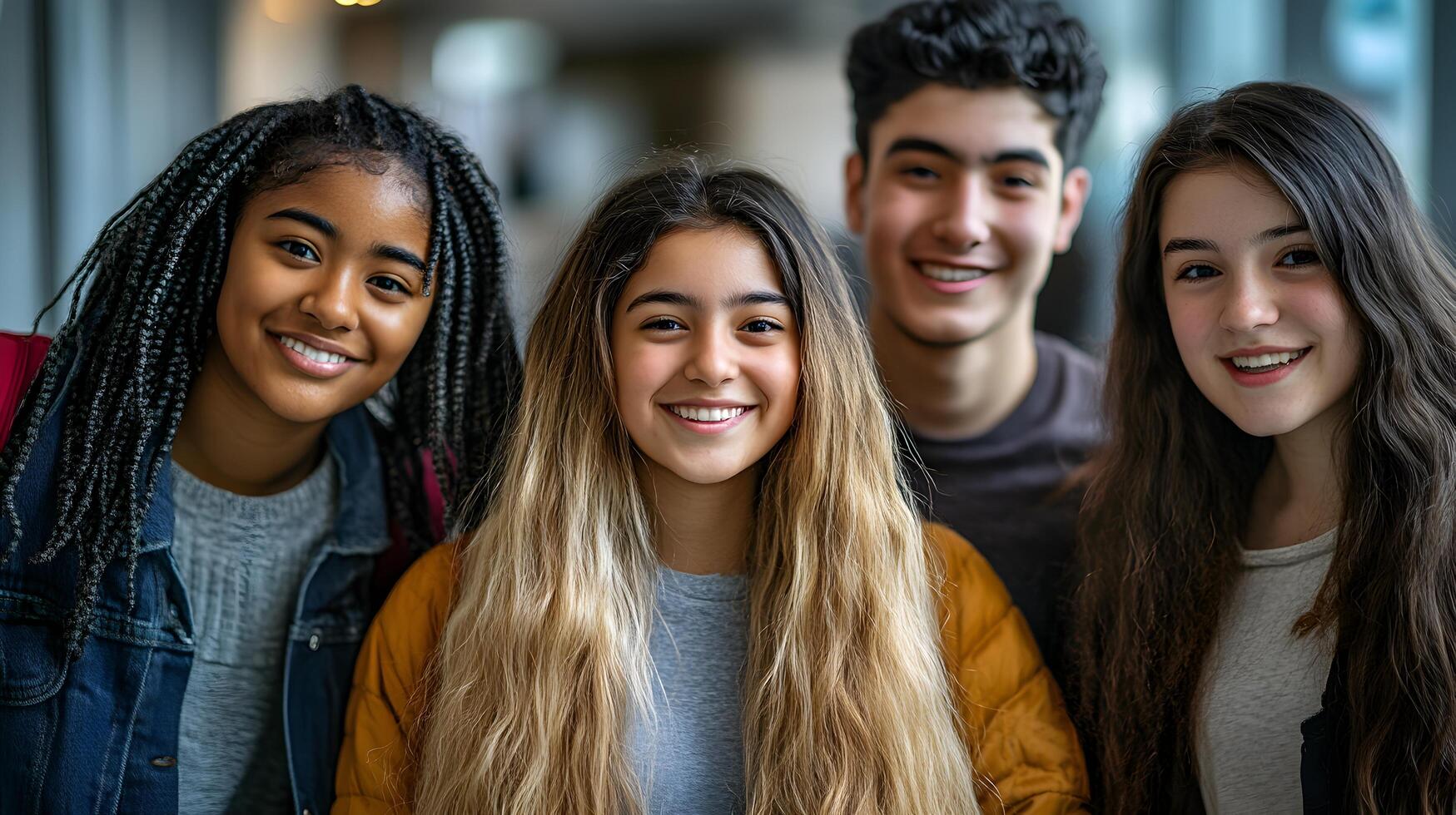 Diverse Group of Smiling Teenage Students on School Campus - Multiracial Friends Enjoying Time Together and Interacting at University or College photo