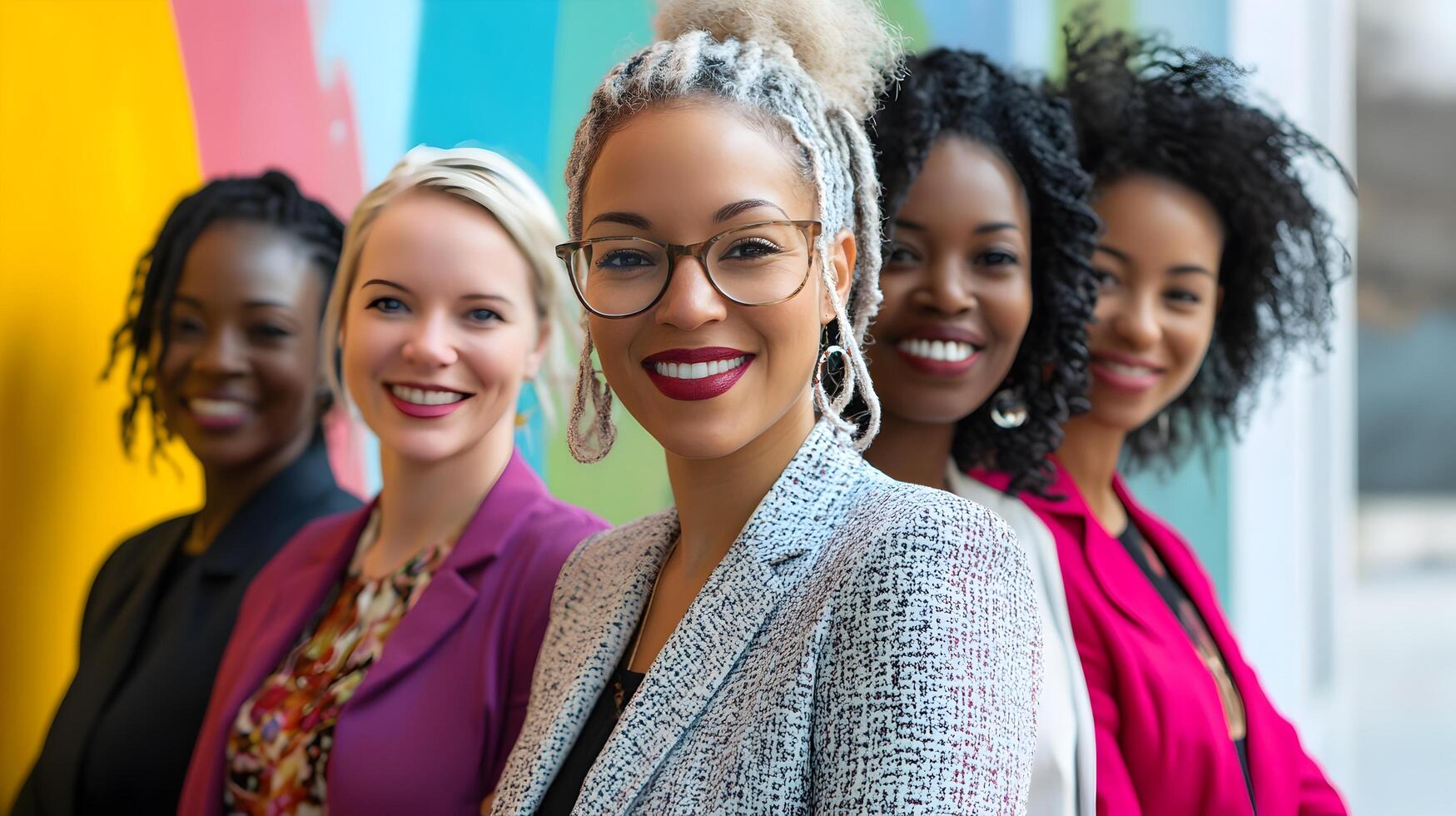 Portrait of a diverse group of smiling business professionals in a vibrant,colorful setting. The team represents a multicultural,inclusive community of leaders,entrepreneurs. photo