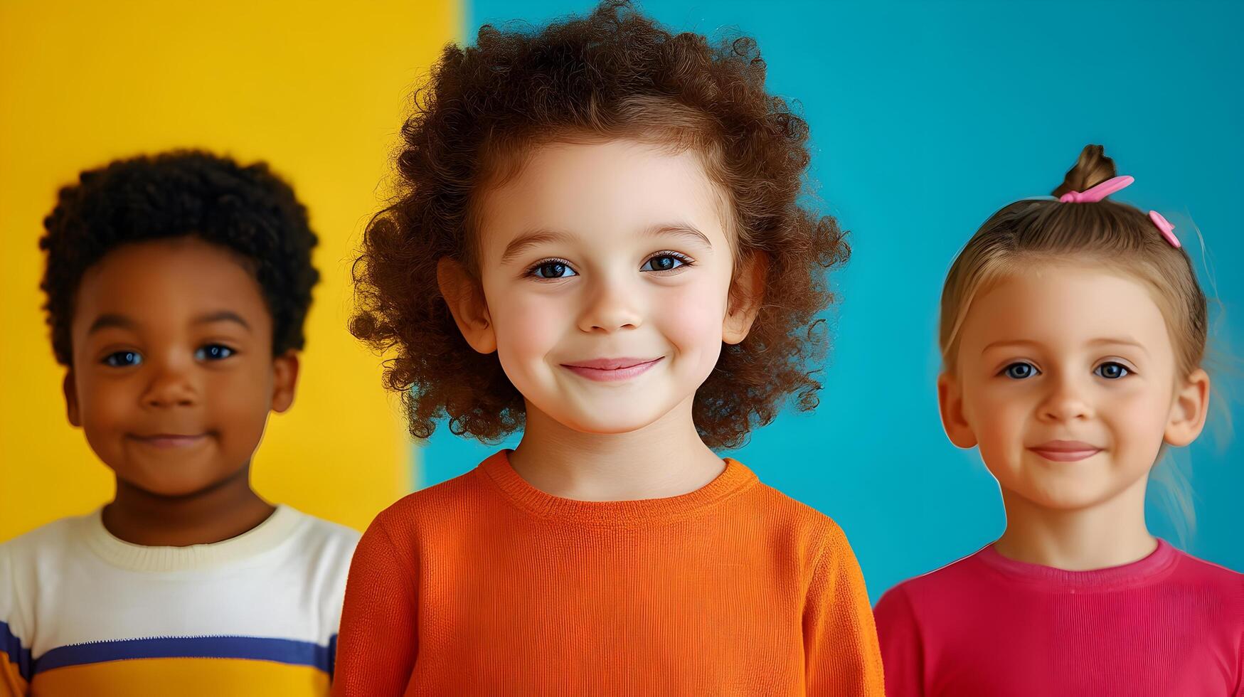 Diverse group of happy,smiling children of different races and ethnicities posing together against a vibrant,colorful background,showcasing the beauty of diversity and inclusion. photo