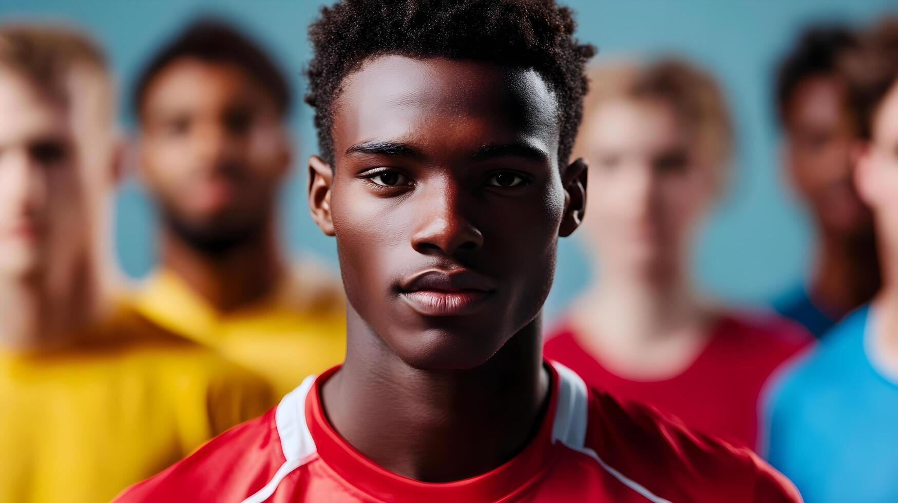 A diverse group of young adult male athletes from different ethnic and racial backgrounds,gathered together as a team. photo