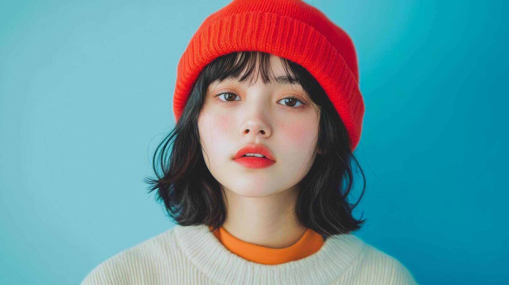 Stylish Young Asian Woman in Red Hat Posing Outdoors with Captivating Facial Expression photo