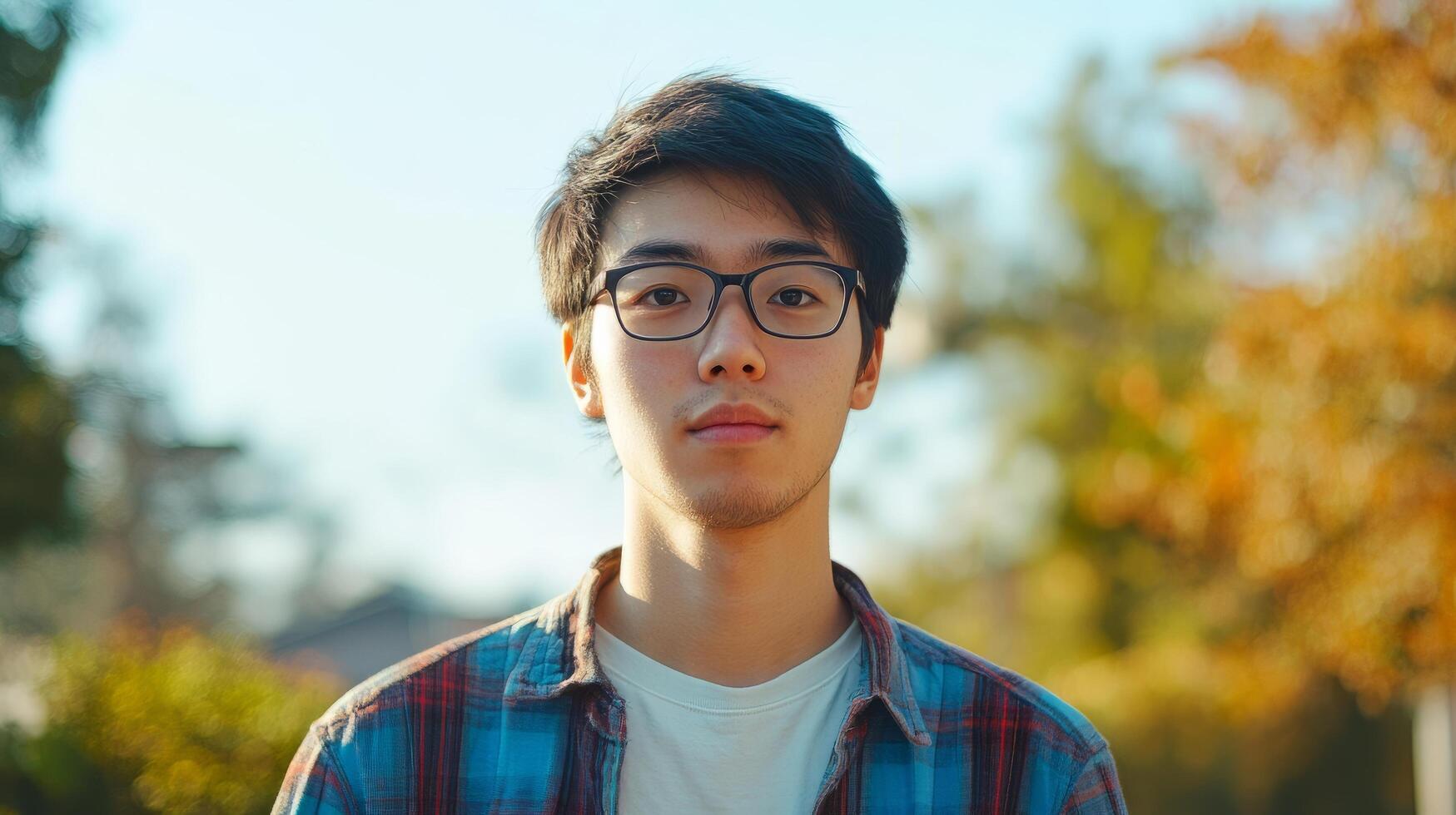 Intelligent Young Asian Man in Casual Clothing Standing Outdoors photo