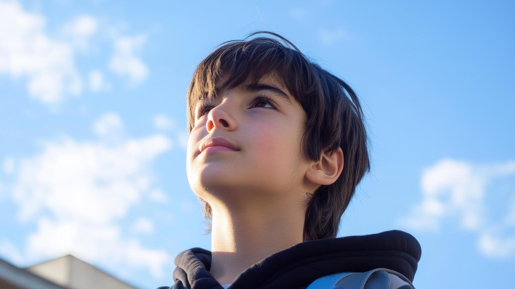 Thoughtful Young Boy Gazing into the Vast,Serene Sky with Clouds photo