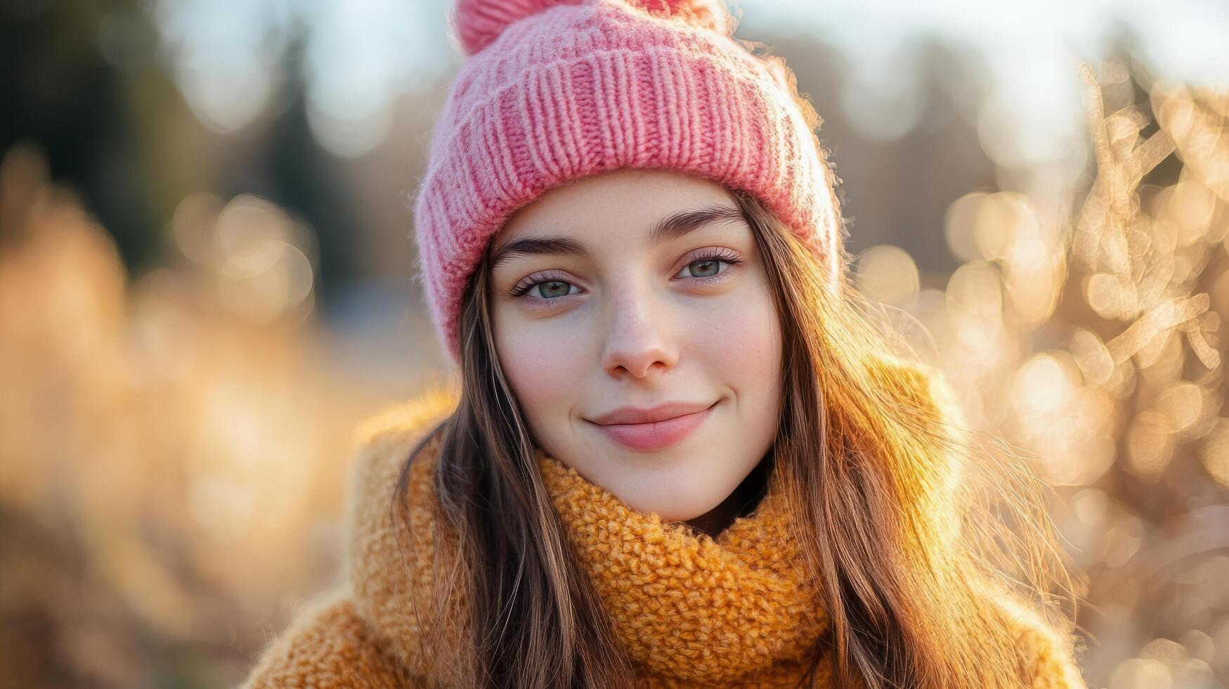 Cheerful Young Woman Wearing Winter Clothes Enjoying Autumn Sunshine in Nature photo