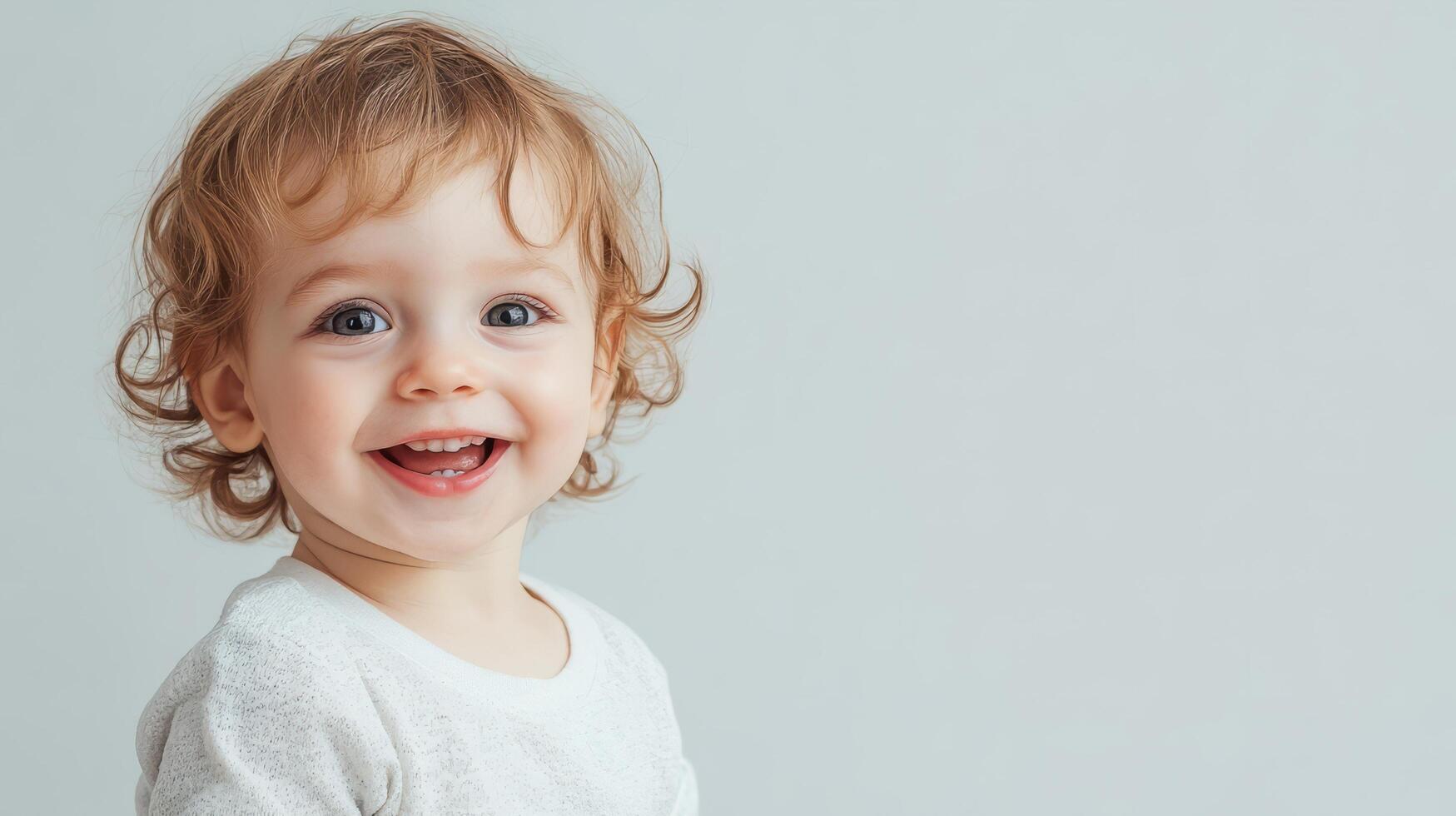 Charming Smiling Fair-haired Curly Toddler with Blue Eyes Expressing Pure Joy and Happiness photo
