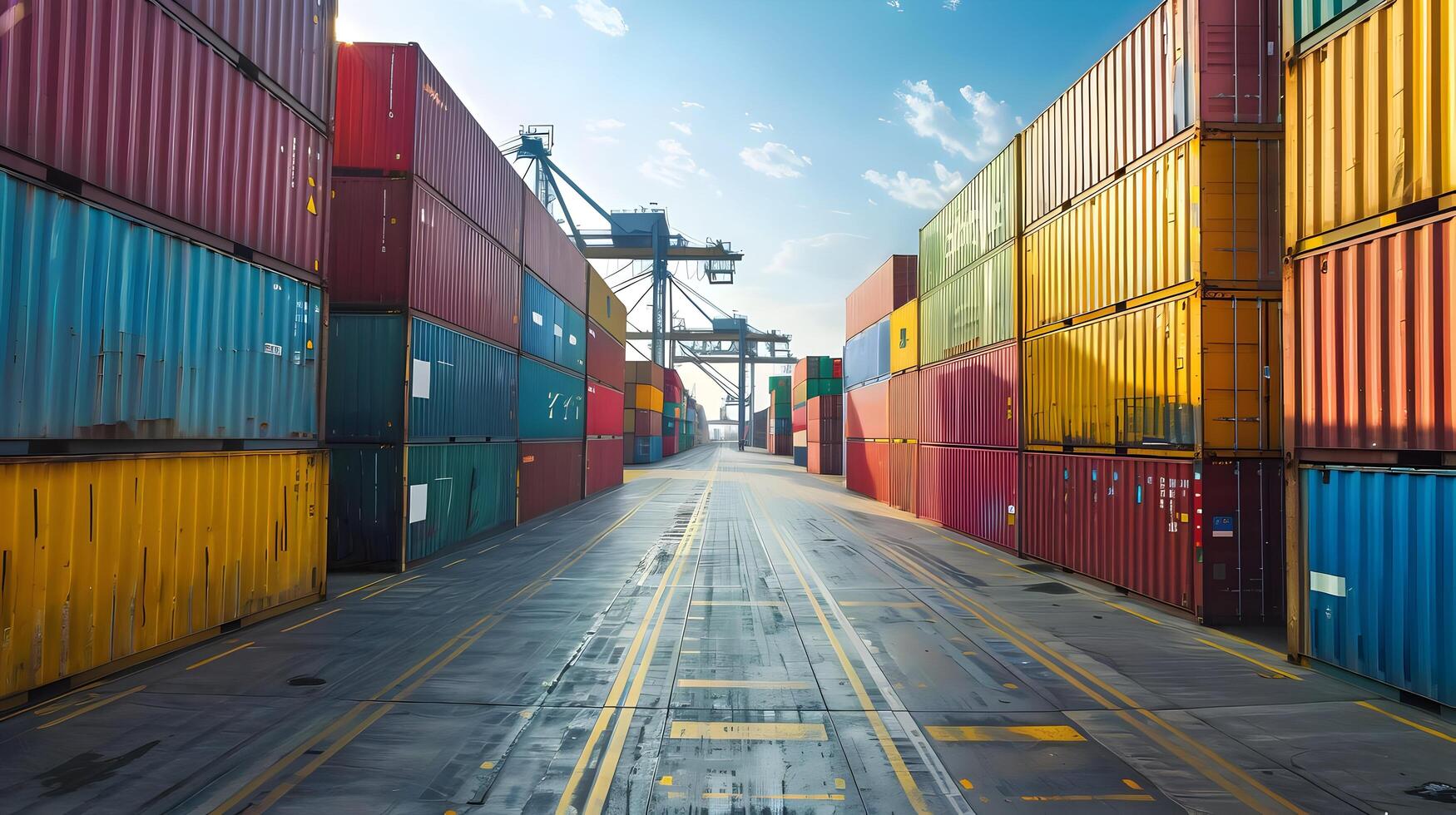 Aerial view of a busy harbor terminal with rows and columns of colorful stacked shipping cargo containers. Cranes and other equipment for loading and unloading freight are visible. photo