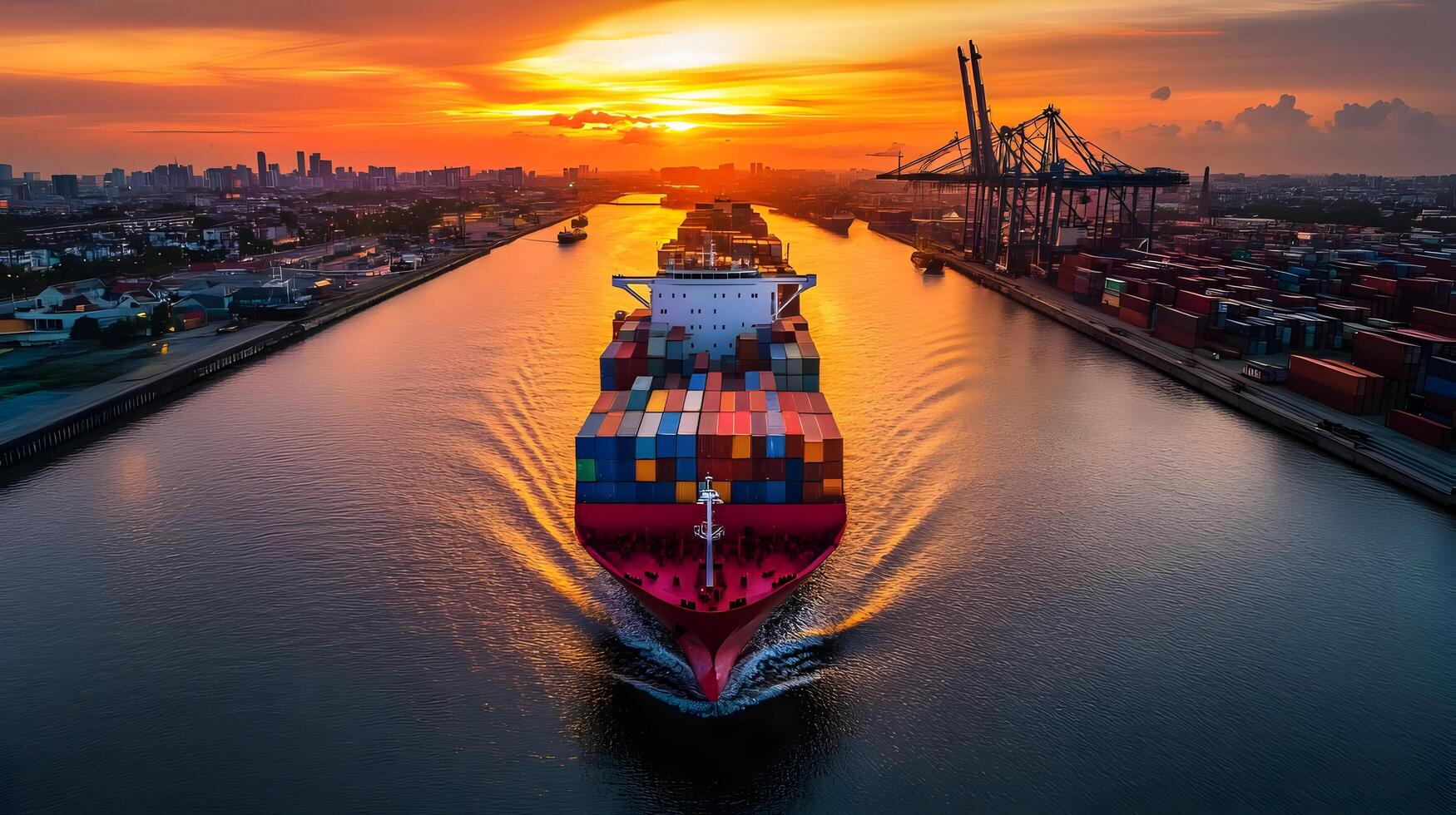 Dramatic sunset illuminating a busy international cargo port with large container ships and towering cranes along the waterfront,showcasing the global logistics and trade industry. photo