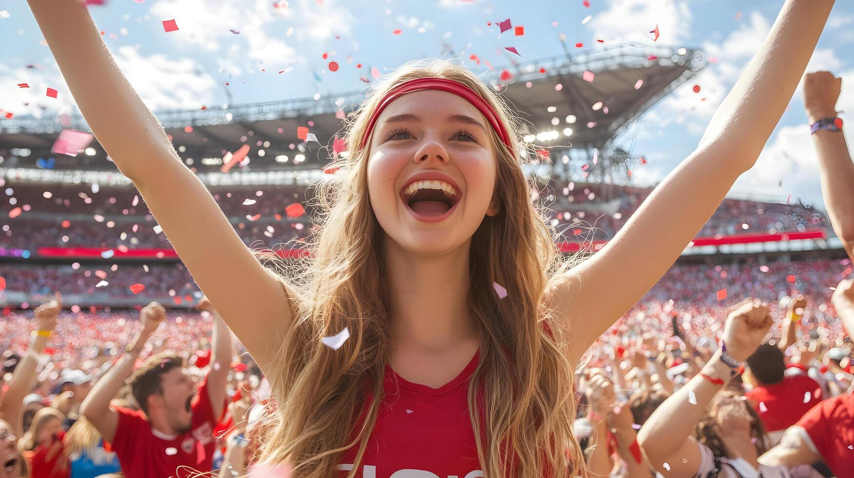Enthusiastic Young Blond Woman Raising Her Arms in and Excitement as She Cheers for Her Team's Victory During a Lively Soccer Championship Match in a Packed Stadium photo