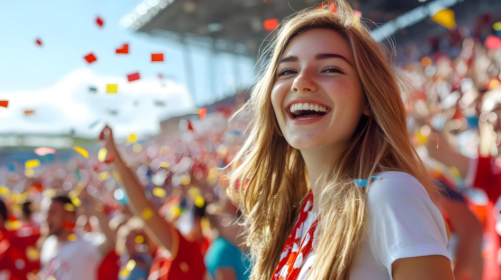 Ecstatic Caucasian Blonde Female Fan Cheers and Celebrates with Excitement as Her Soccer Team Scores a Goal and Wins the Championship Match in a Packed Stadium Full of Enthusiastic Supporters photo