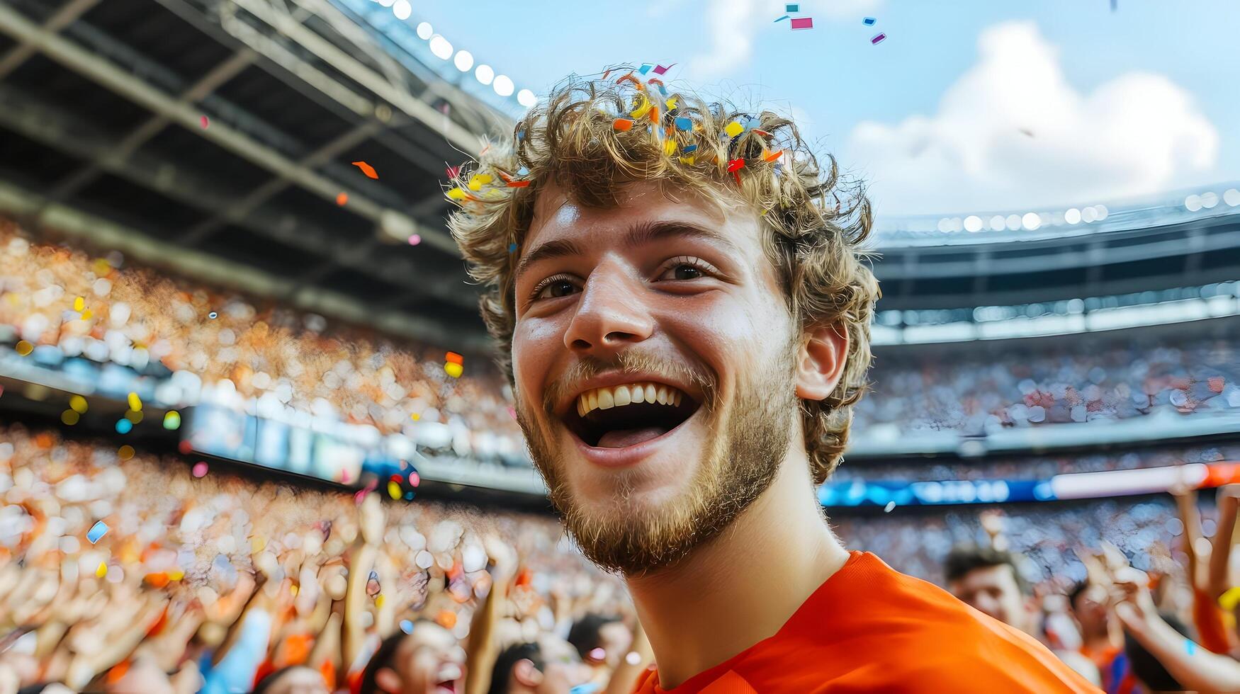 Energetic soccer fan with curly hair erupts in joyful and screaming with unbridled enthusiasm as his team scores a goal during an intense championship match in a packed stadium. photo