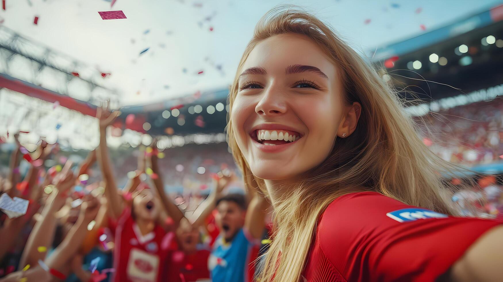 Enthusiastic Young Caucasian Female Fan Passionately Cheering and Celebrating for Her Soccer Team's Victory During an Exciting Championship Match in a Packed Stadium with a Crowd of Supporters photo