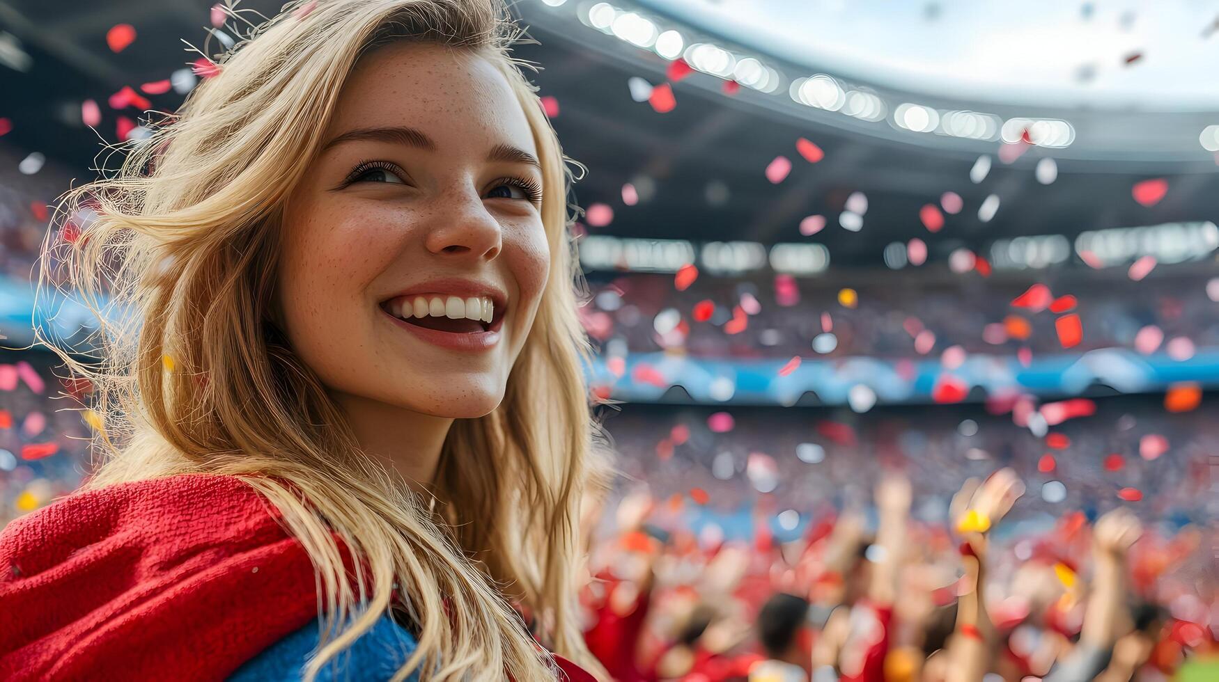 Enthusiastic Blonde Female Soccer Fan Cheering and Celebrating Her Team's Victory with Excitement and Joy in a Crowded Stadium During a Championship Match photo