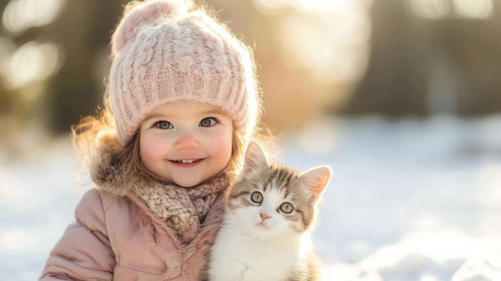Smiling Girl in Winter Coat Cuddling Adorable Kitten in Snowy Landscape photo