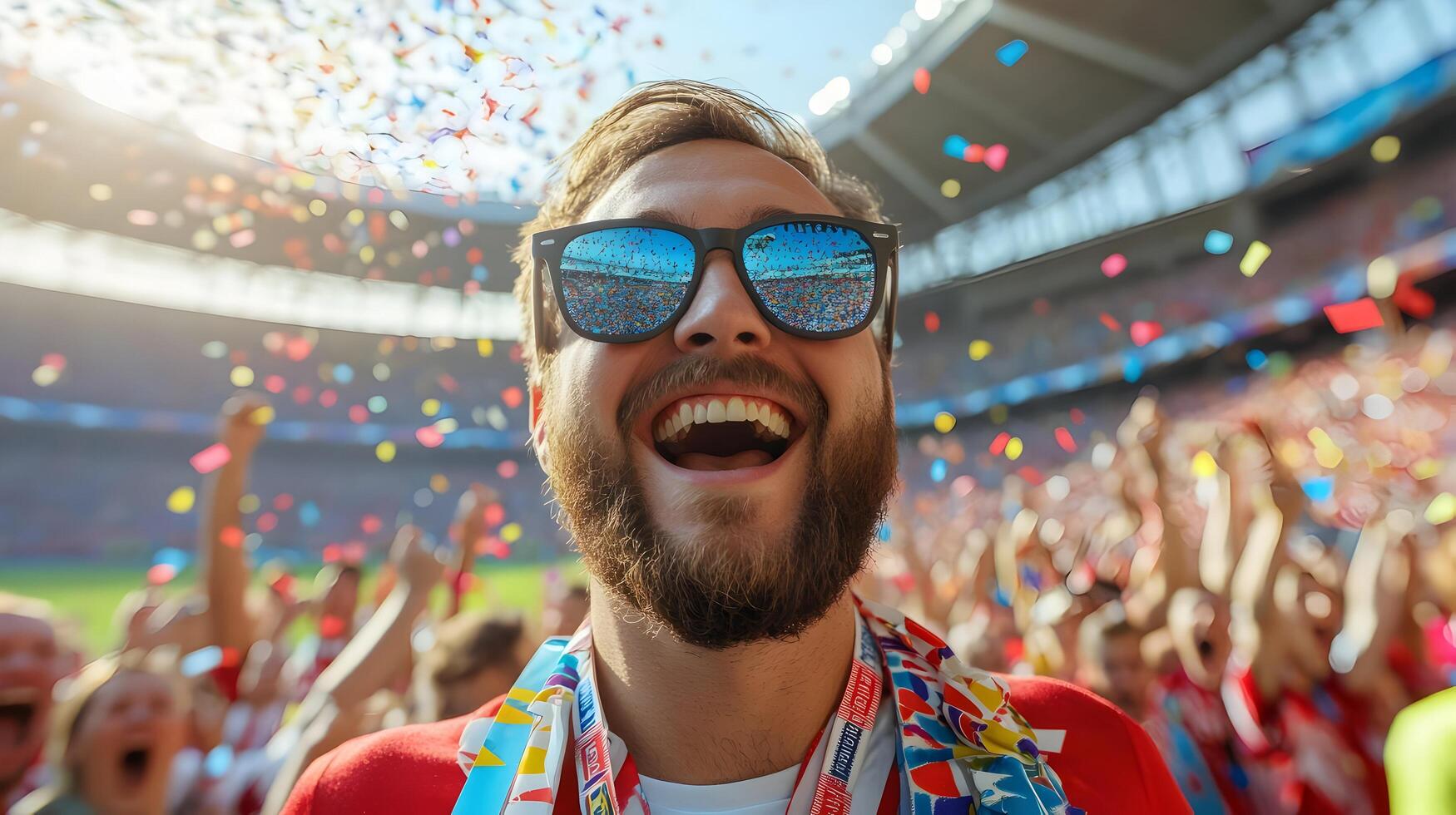 Energetic Caucasian Male Fan Cheers Excitedly,Celebrating his Team's Soccer Championship Victory with a Crowd of Passionate Spectators in a Stadium Setting Filled with Confetti and Atmosphere. photo