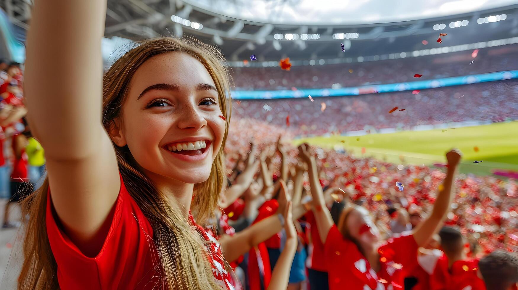 Enthusiastic female soccer fan dressed in red cheering and celebrating her team's victory with raised arms and joyful expression during a championship match at a crowded stadium. photo